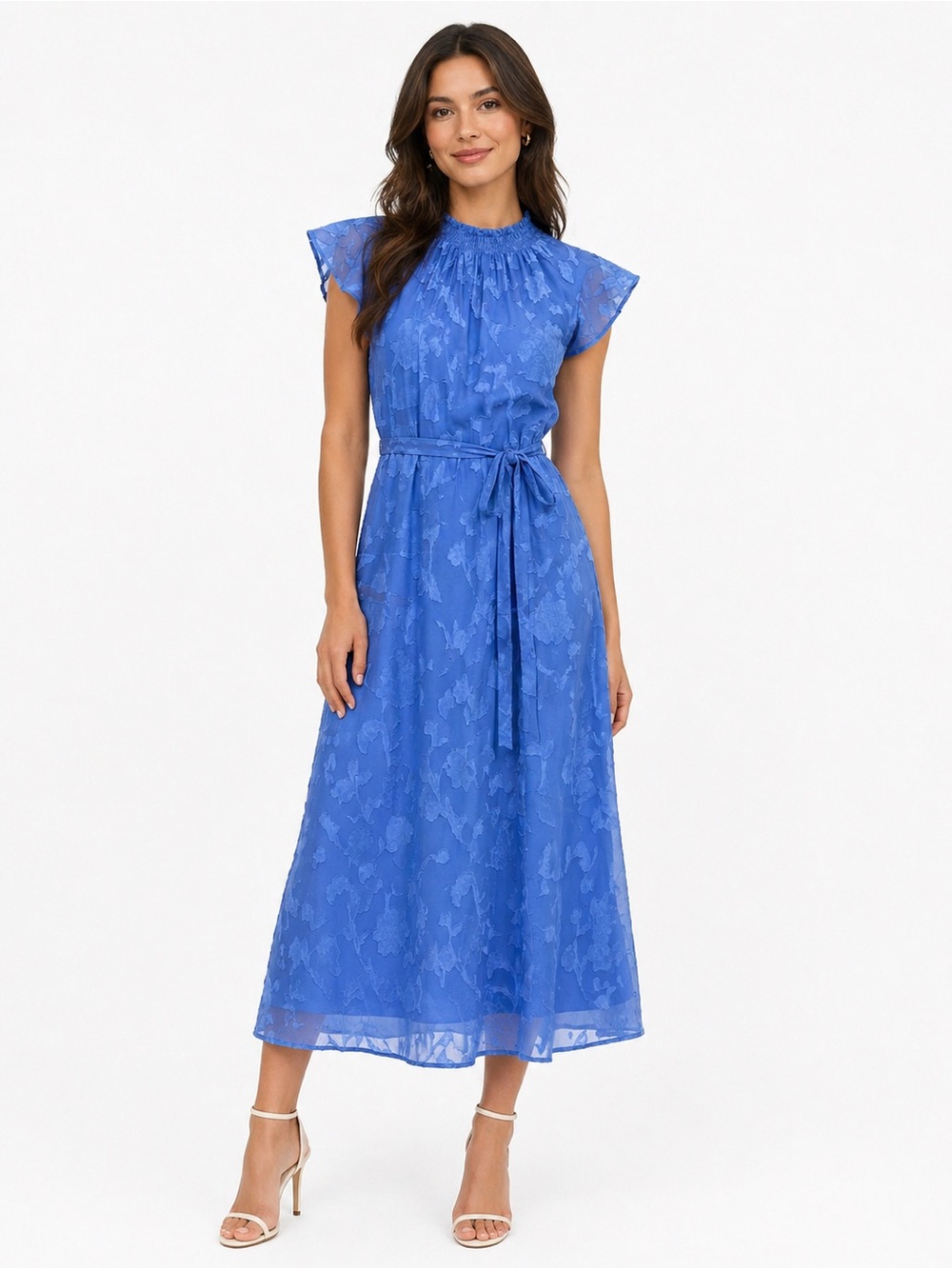 Blue Floral Midi Dress with Self-Tie Waist NWT